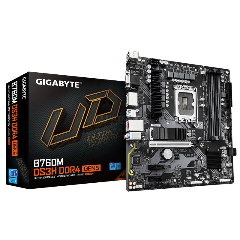 Матплата Gigabyte B760M DS3H GEN5, LGA1700, Intel B760, 4xDDR5 PC60800, 3xPCI-E 3.0-5.0x16, Sound8Ch, GLAN, 4SATA+2M.2, RAID, mATX, 6USB3.2+6USB2.0, VGA, HDMI, 2xDP Матплата Gigabyte B760M DS3H GEN5, LGA1700, Intel B760, 4xDDR5 PC60800, 3xPCI-E 3.0-5.0x16, Sound8Ch, GLAN, 4SATA+2M.2, RAID, mATX, 6USB3.2+6USB2.0, VGA, HDMI, 2xDP