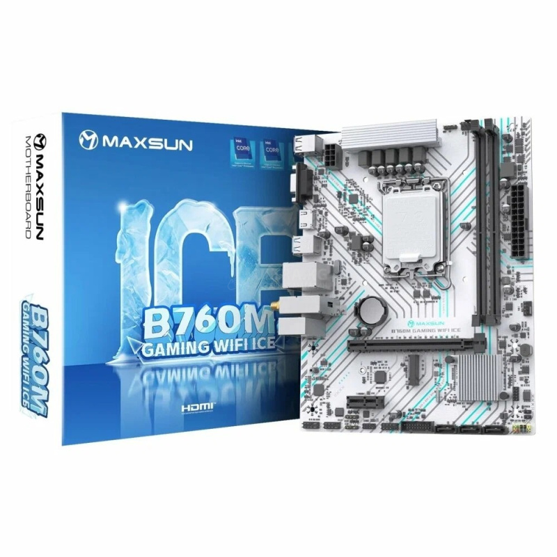 Матплата MAXSUN MS-B660M GAMING WIFI ICE, LGA1700, Intel B660, 2xDDR4 PC25600, 1xPCI-E 4.0x16, 1xPCI-E 3.0x1, Sound8Ch, GLAN, 3SATA+M.2, mATX, 4USB3.2+6USB2.0, VGA, HDMI Матплата MAXSUN MS-B660M GAMING WIFI ICE, LGA1700, Intel B660, 2xDDR4 PC25600, 1xPCI-E 4.0x16, 1xPCI-E 3.0x1, Sound8Ch, GLAN, 3SATA+M.2, mATX, 4USB3.2+6USB2.0, VGA, HDMI
