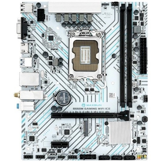 Матплата MAXSUN MS-B660M GAMING WIFI ICE, LGA1700, Intel B660, 2xDDR4 PC25600, 1xPCI-E 4.0x16, 1xPCI-E 3.0x1, Sound8Ch, GLAN, 3SATA+M.2, mATX, 4USB3.2+6USB2.0, VGA, HDMI фото 2 Матплата MAXSUN MS-B660M GAMING WIFI ICE, LGA1700, Intel B660, 2xDDR4 PC25600, 1xPCI-E 4.0x16, 1xPCI-E 3.0x1, Sound8Ch, GLAN, 3SATA+M.2, mATX, 4USB3.2+6USB2.0, VGA, HDMI фото 2