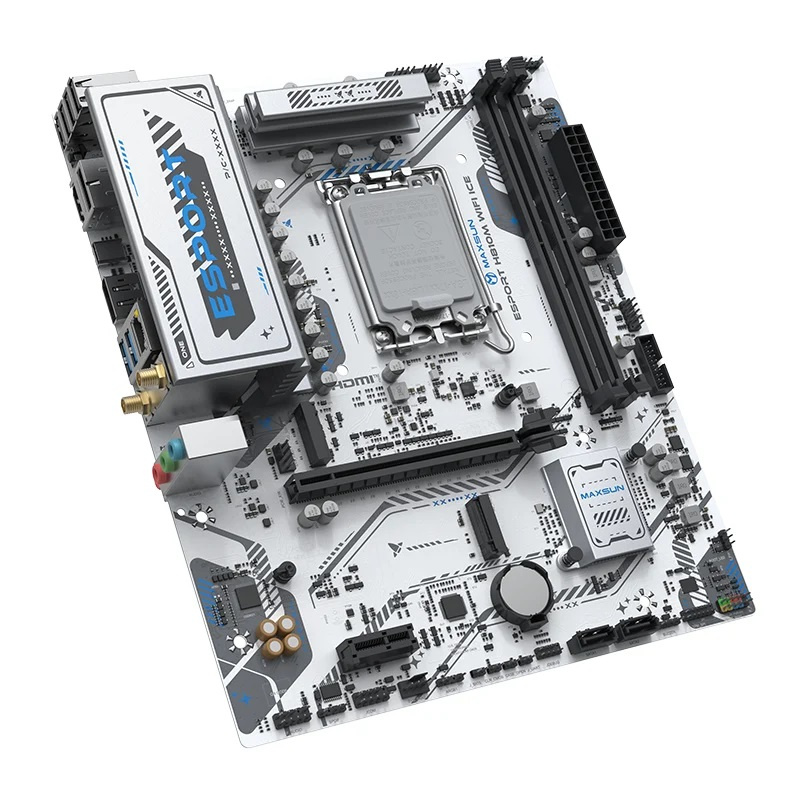 Матплата MAXSUN MS-eSport H810M WIFI ICE, LGA1851, Intel H810, 2xDDR5, 1xPCI-E16X, 1xPCI-E1x, Sound8Ch, GBLAN, 2SATA+2M.2, mATX, 4USB5G+5USB2.0+1xUSB4 40G, HDMI, DP фото 2 Матплата MAXSUN MS-eSport H810M WIFI ICE, LGA1851, Intel H810, 2xDDR5, 1xPCI-E16X, 1xPCI-E1x, Sound8Ch, GBLAN, 2SATA+2M.2, mATX, 4USB5G+5USB2.0+1xUSB4 40G, HDMI, DP фото 2