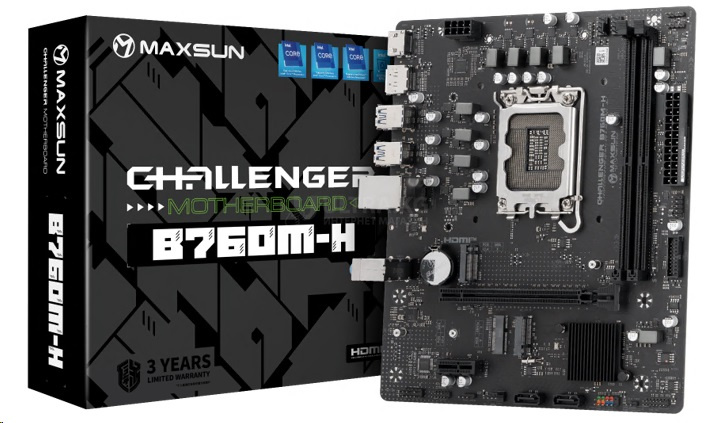 Матплата MAXSUN MS-Challenger B760M-H, LGA1700, Intel B760, 2xDDR4 PC34100, 1xPCI-E 4.0x16, 1xPCI-E 3.0x1, Sound8Ch, GLAN, 2SATA+2M.2, RAID, mATX, 6USB5G+4USB2.0, HDMI, DP Матплата MAXSUN MS-Challenger B760M-H, LGA1700, Intel B760, 2xDDR4 PC34100, 1xPCI-E 4.0x16, 1xPCI-E 3.0x1, Sound8Ch, GLAN, 2SATA+2M.2, RAID, mATX, 6USB5G+4USB2.0, HDMI, DP