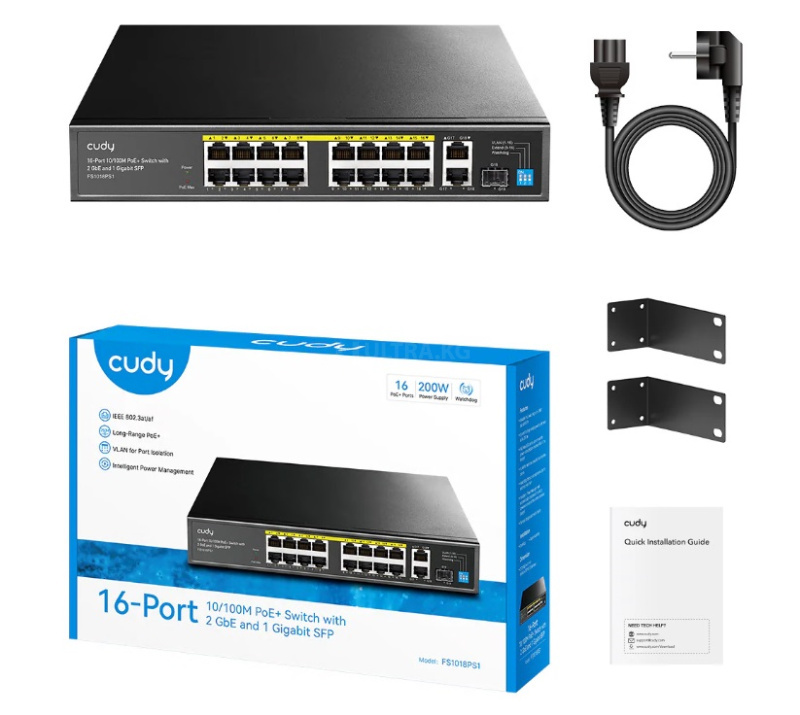 Сетевой коммутатор CUDY FS1018PS1 16x10/100Mbps PoE,2x1000Mbpc, 1.25G SFP Slots, PoE budget, VLAN/Default/Extend DIP Switch , 802.3i/u/ab/z/x/af/at, 30W Сетевой коммутатор CUDY FS1018PS1 16x10/100Mbps PoE,2x1000Mbpc, 1.25G SFP Slots, PoE budget, VLAN/Default/Extend DIP Switch , 802.3i/u/ab/z/x/af/at, 30W
