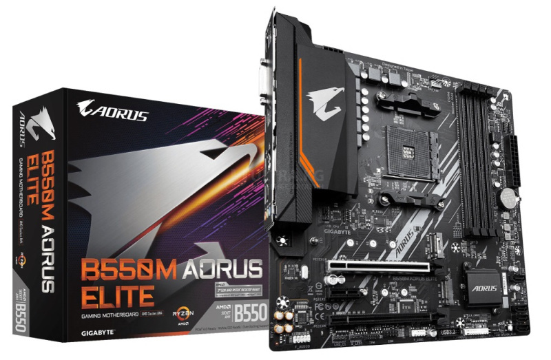 Материнская плата AM4 Gigabyte B550M AORUS ELITE, AMDB550, 4xDDR4 PC37800, 2xPCI-EX16, 1xPCI-EX1, 4xSATA+2M.2, RAID,GBLAN, Sound7.1, mATX, 6xUSB2.0, 6xUSB3.2, HDMI, DVI Материнская плата AM4 Gigabyte B550M AORUS ELITE, AMDB550, 4xDDR4 PC37800, 2xPCI-EX16, 1xPCI-EX1, 4xSATA+2M.2, RAID,GBLAN, Sound7.1, mATX, 6xUSB2.0, 6xUSB3.2, HDMI, DVI