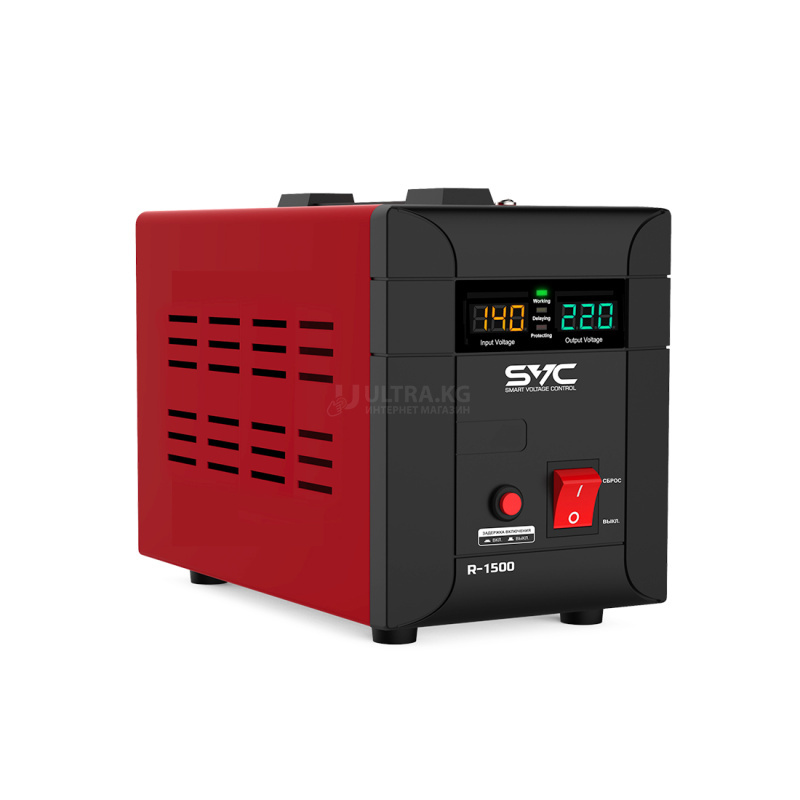 Стабилизатор (AVR) SVC R-1500, 1500ВА/1500Вт, Диапазон работы AVR: 140-260В, Выходное напряжение: 220В +/-7%, Задержка включения, выход 2 шт Shсuko, LCD-дисплей, Защита: от перегрузки, короткого замыкания, повышенной температуры, Чёрно-красный Стабилизатор (AVR) SVC R-1500, 1500ВА/1500Вт, Диапазон работы AVR: 140-260В, Выходное напряжение: 220В +/-7%, Задержка включения, выход 2 шт Shсuko, LCD-дисплей, Защита: от перегрузки, короткого замыкания, повышенной температуры, Чёрно-красный