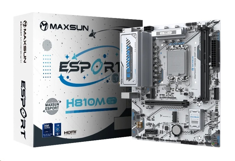 Матплата MAXSUN MS-eSport H810M WIFI ICE, LGA1851, Intel H810, 2xDDR5, 1xPCI-E16X, 1xPCI-E1x, Sound8Ch, GBLAN, 2SATA+2M.2, mATX, 4USB5G+5USB2.0+1xUSB4 40G, HDMI, DP Матплата MAXSUN MS-eSport H810M WIFI ICE, LGA1851, Intel H810, 2xDDR5, 1xPCI-E16X, 1xPCI-E1x, Sound8Ch, GBLAN, 2SATA+2M.2, mATX, 4USB5G+5USB2.0+1xUSB4 40G, HDMI, DP
